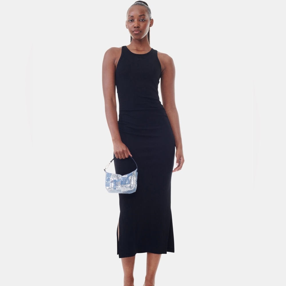 NEW Ganni BLACK SOFT COTTON RIB TANK TOP LONG DRESS